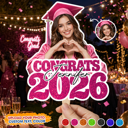 Class Of 2026 Personalized Congrats Face Fans With Wooden Handle - Fans Faces