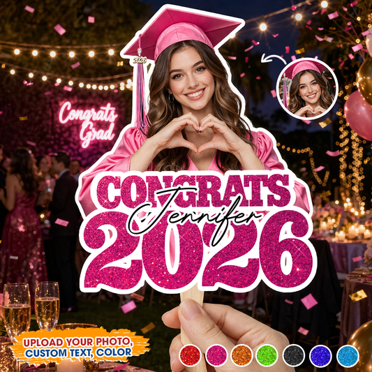 Class Of 2026 Personalized Congrats Face Fans With Wooden Handle - Fans Faces