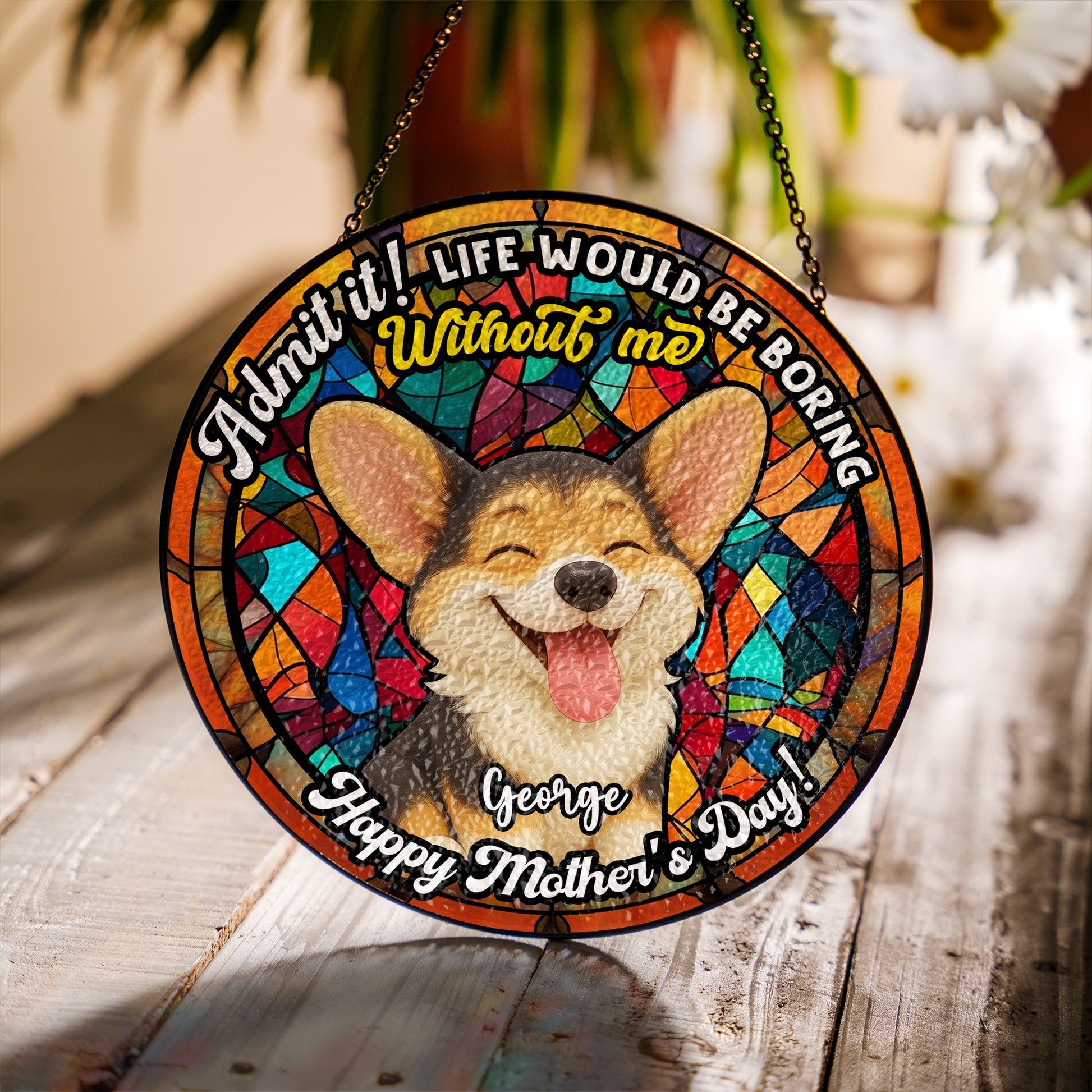 Personalized photo stained glass suncatcher hanging in a window, "Admit It" design.