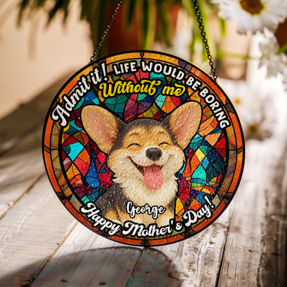 Personalized photo stained glass suncatcher hanging in a window, "Admit It" design.