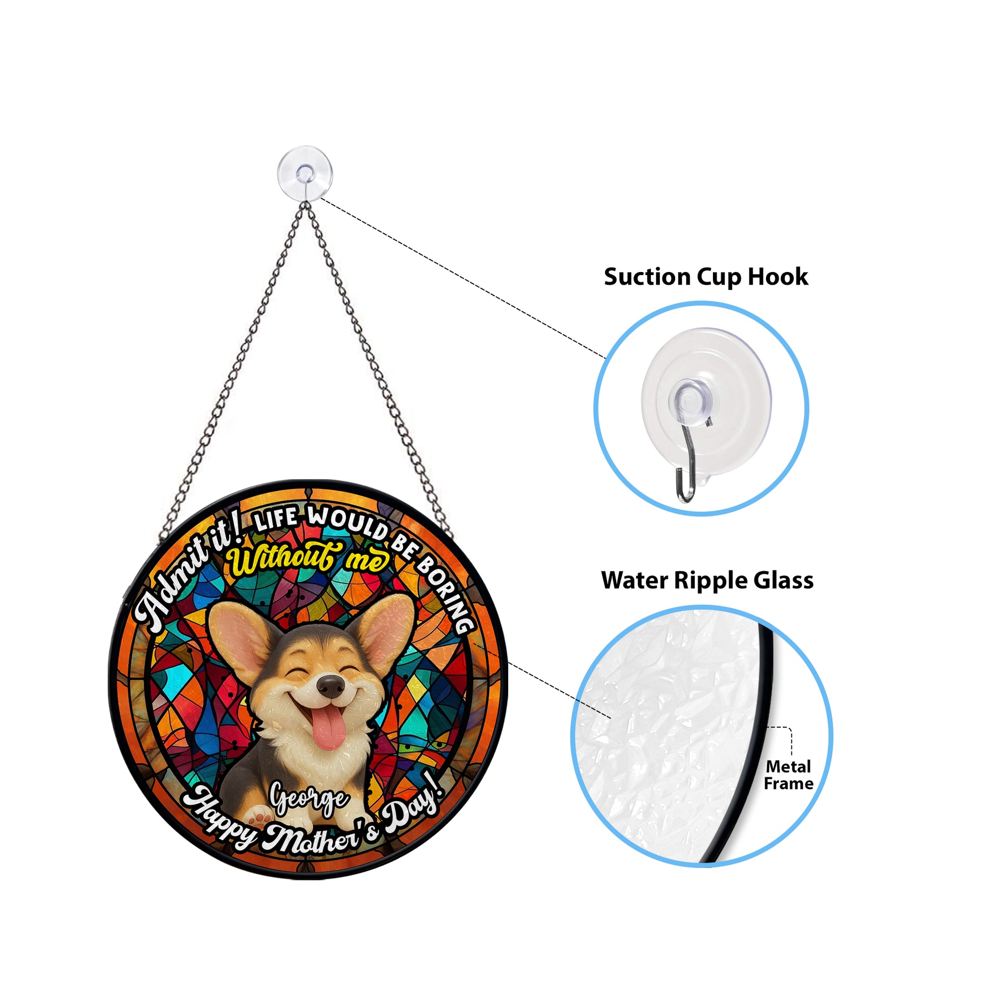 Personalized photo stained glass suncatcher hanging in a window, "Admit It" design.