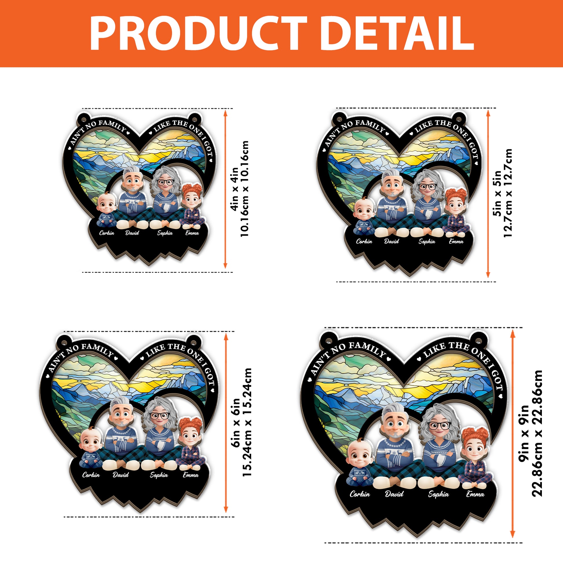 Personalized "Ain't No Family Like The One I Got" suncatcher ornament hanging in a window.