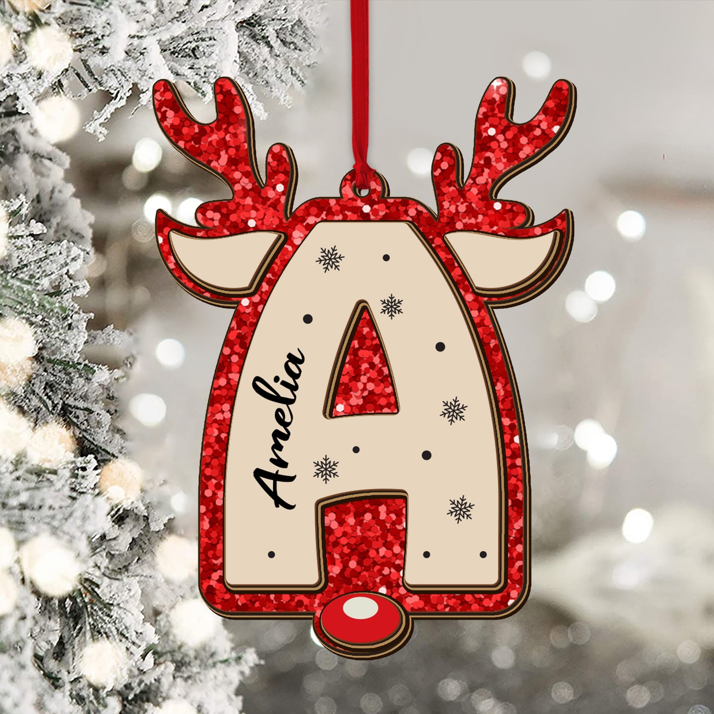 Glitter alphabet name ornament; custom shaped 2-layered wood Christmas ornament.