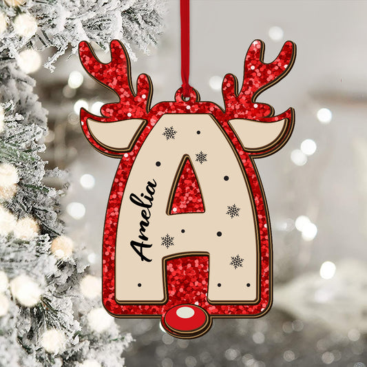 Glitter alphabet name ornament; custom shaped 2-layered wood Christmas ornament.