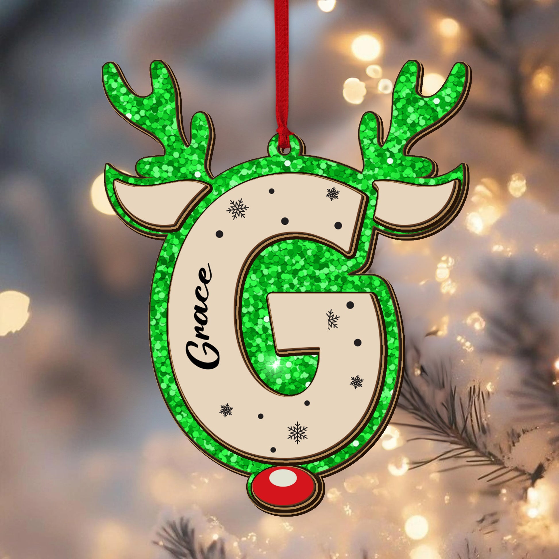 Glitter alphabet name ornament; custom shaped 2-layered wood Christmas ornament.