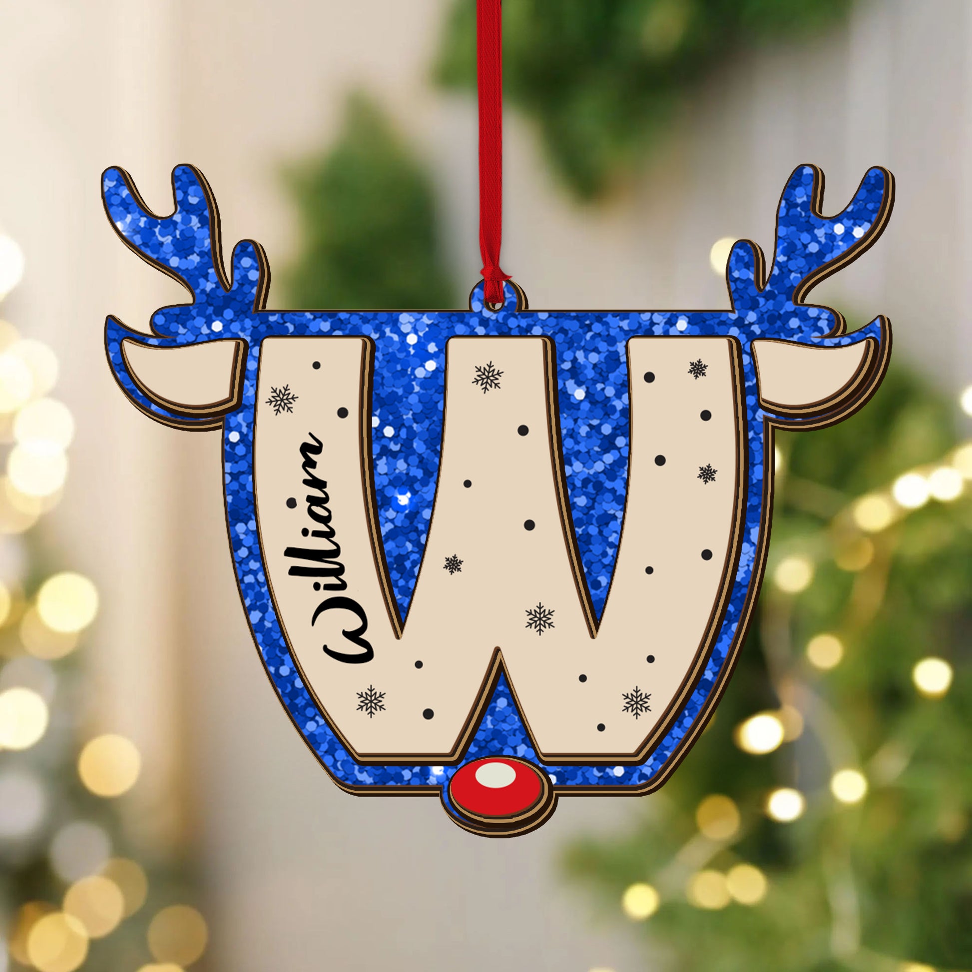 Glitter alphabet name ornament; custom shaped 2-layered wood Christmas ornament.