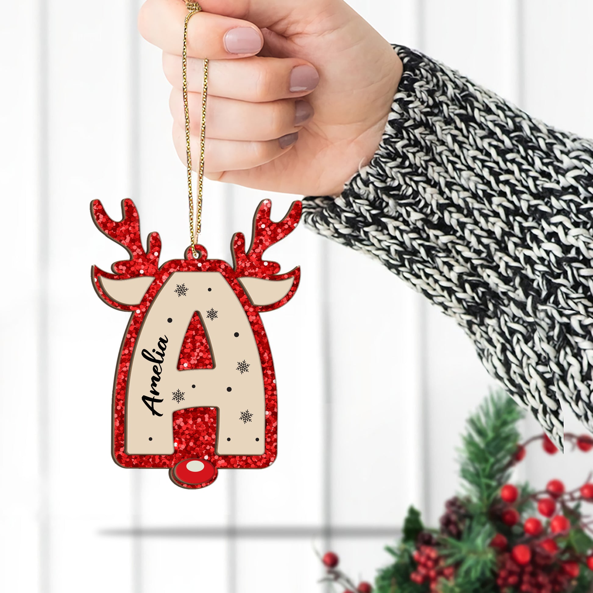 Glitter alphabet name ornament; custom shaped 2-layered wood Christmas ornament.