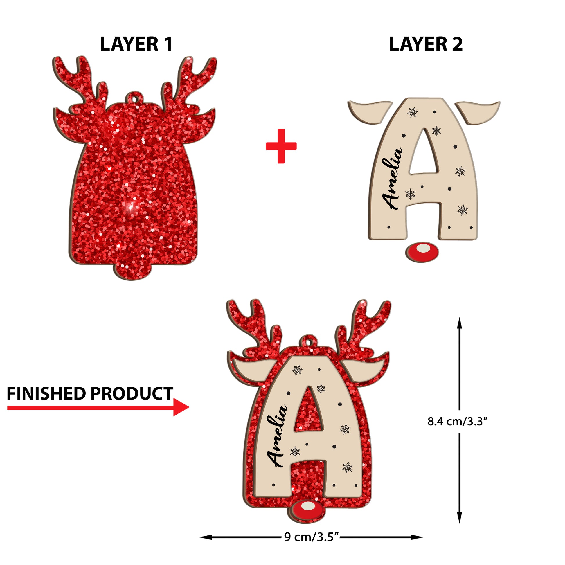 Glitter alphabet name ornament; custom shaped 2-layered wood Christmas ornament.