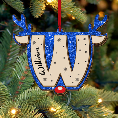 Glitter alphabet name ornament; custom shaped 2-layered wood Christmas ornament.