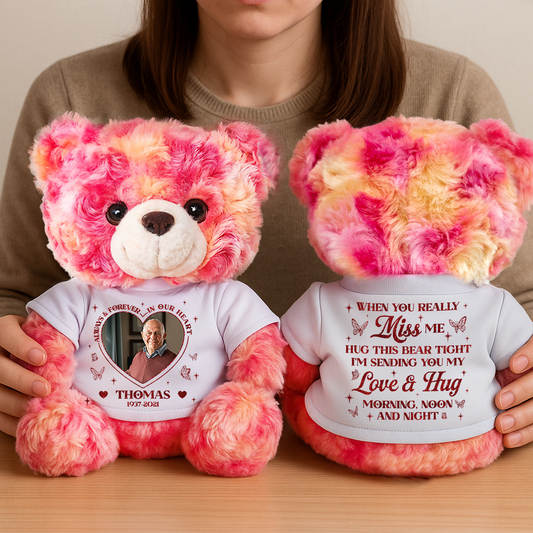Personalized teddy bear plush with "Always and Forever in Our Hearts" message.