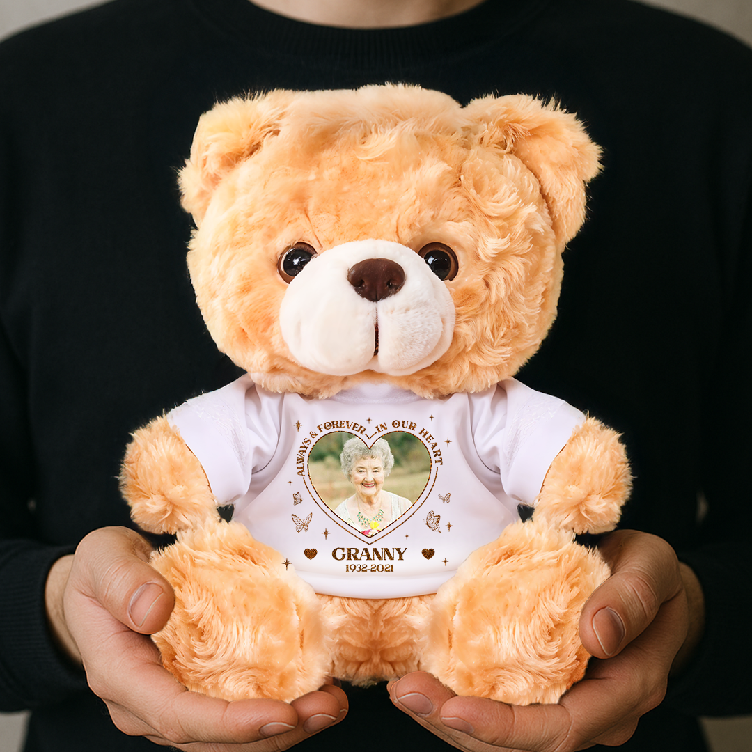 Personalized teddy bear plush with "Always and Forever in Our Hearts" message.