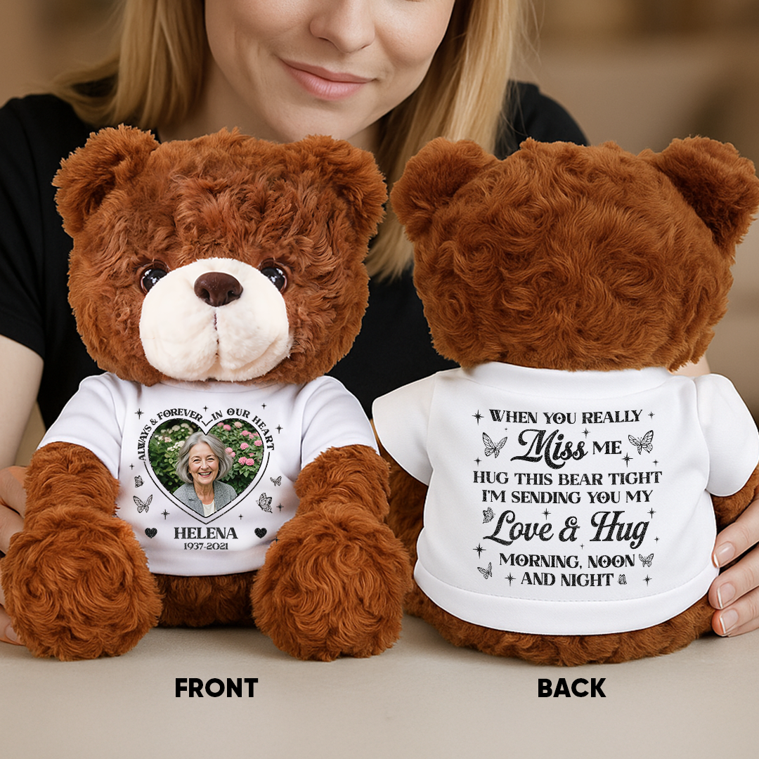 Personalized teddy bear plush with "Always and Forever in Our Hearts" message.