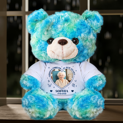 Personalized teddy bear plush with "Always and Forever in Our Hearts" message.