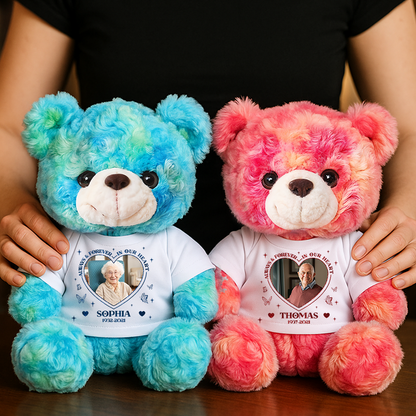 Personalized teddy bear plush with "Always and Forever in Our Hearts" message.