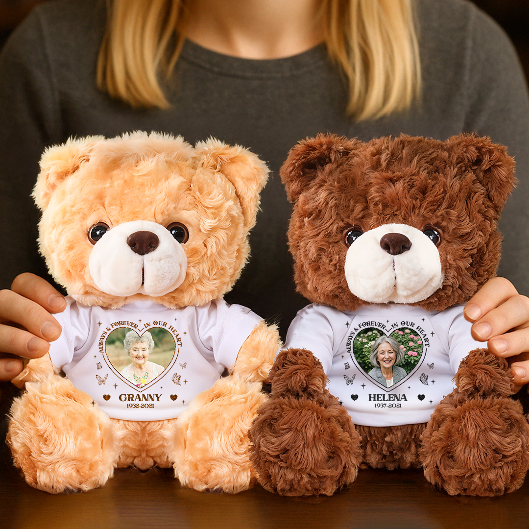 Personalized teddy bear plush with "Always and Forever in Our Hearts" message.