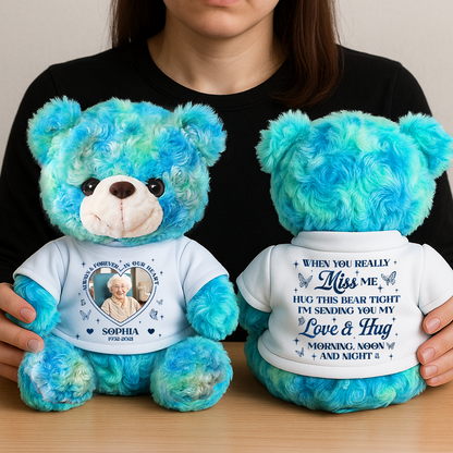 Personalized teddy bear plush with "Always and Forever in Our Hearts" message.