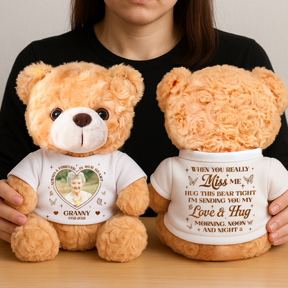 Personalized teddy bear plush with "Always and Forever in Our Hearts" message.