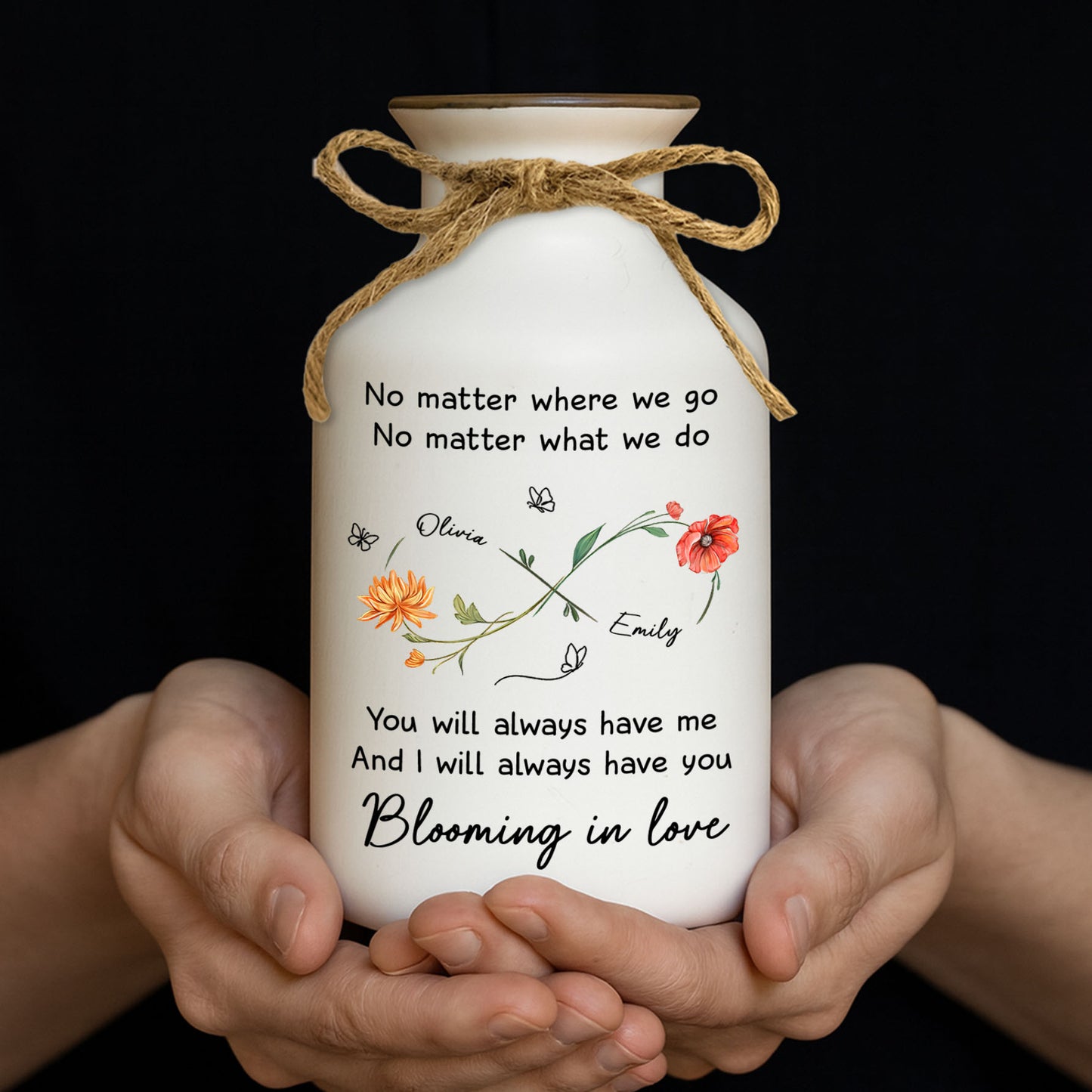 Personalized white ceramic flower vase with "Always Have You" inscription, minimalist design.