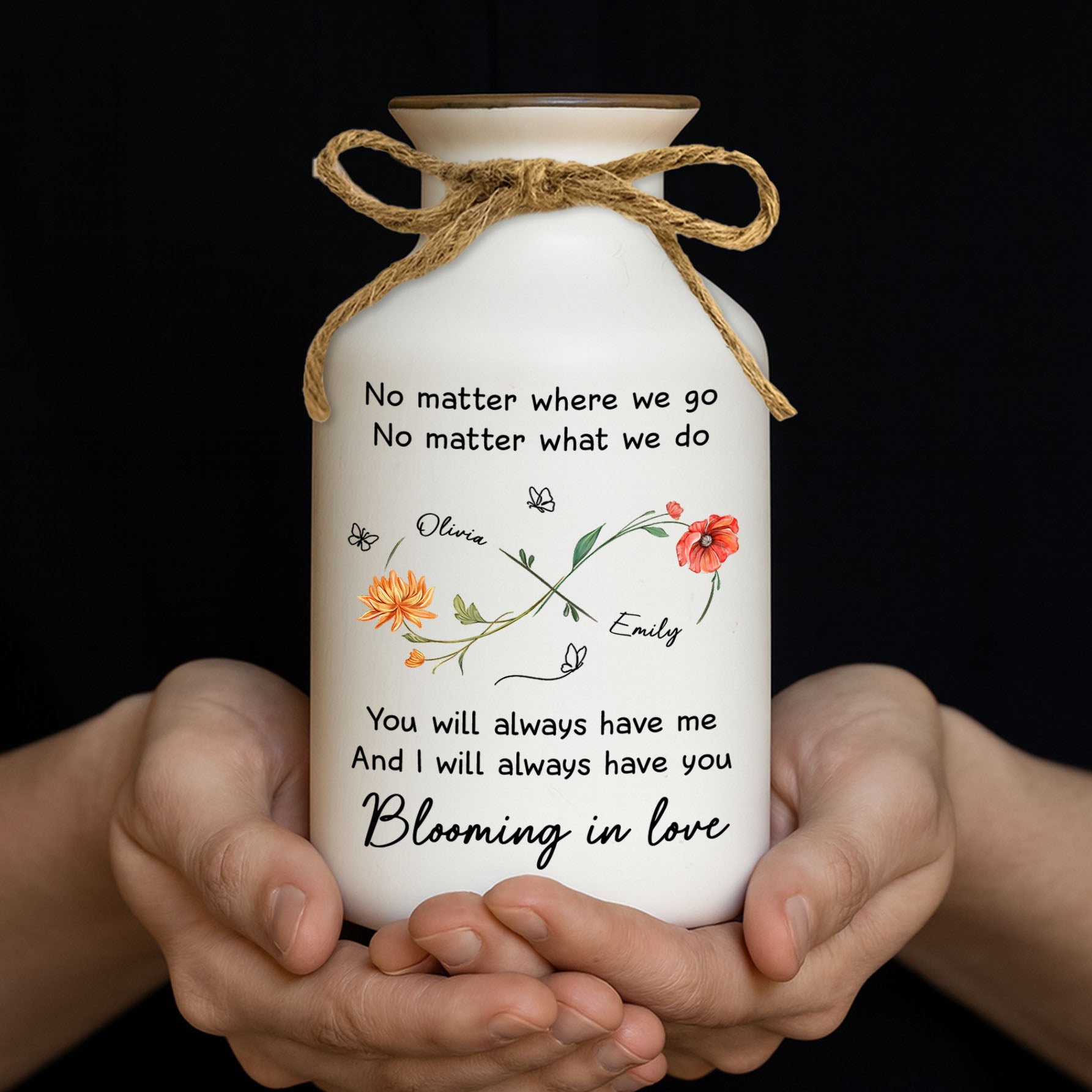 Personalized white ceramic flower vase with "Always Have You" inscription, minimalist design.