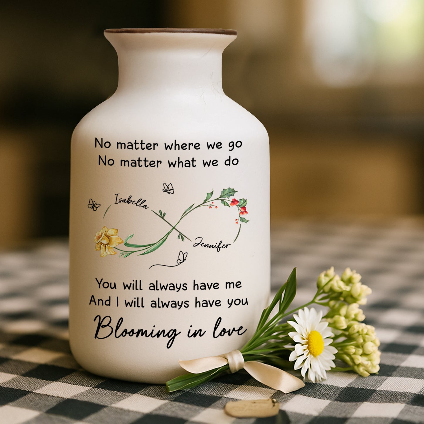 Personalized white ceramic flower vase with "Always Have You" inscription, minimalist design.