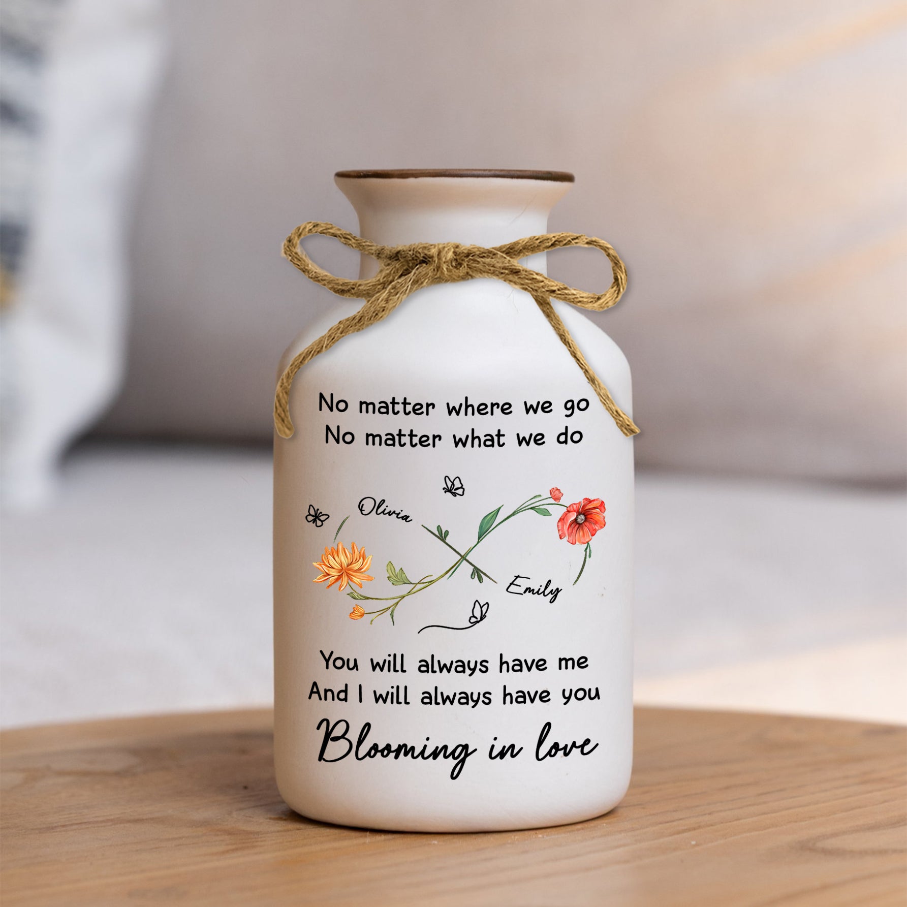 Personalized white ceramic flower vase with "Always Have You" inscription, minimalist design.