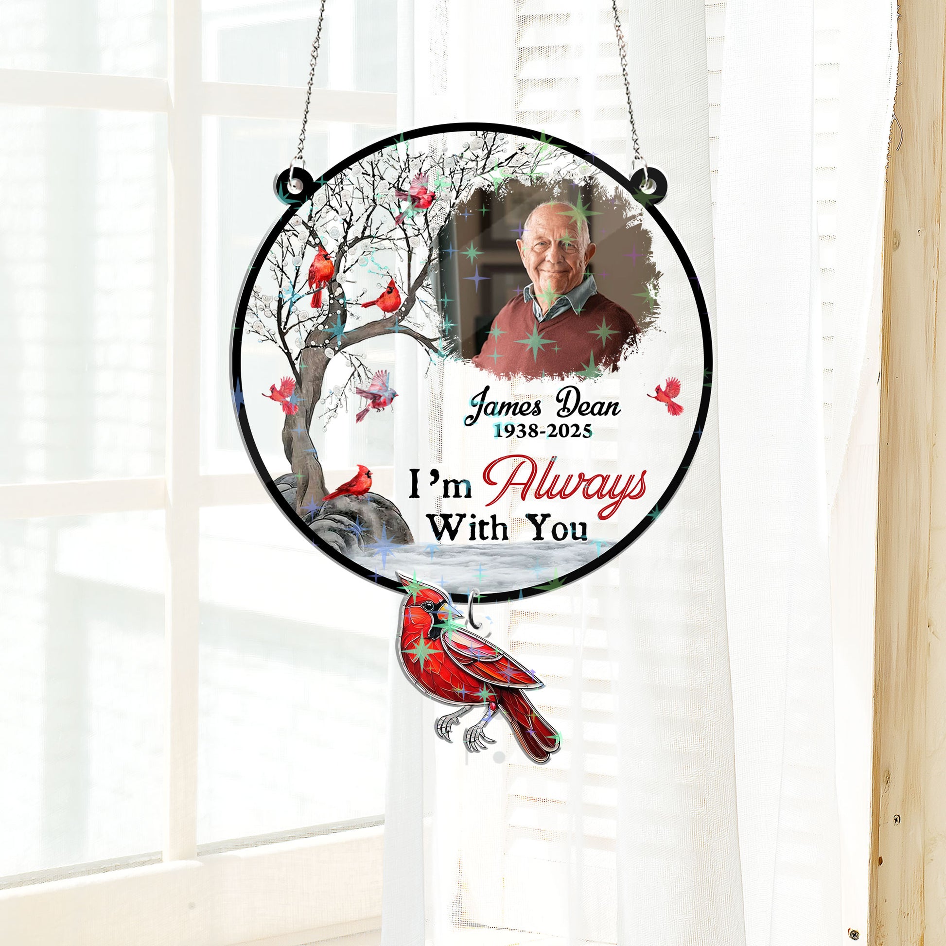 Personalized custom shape hologram window decor casting rainbow light.