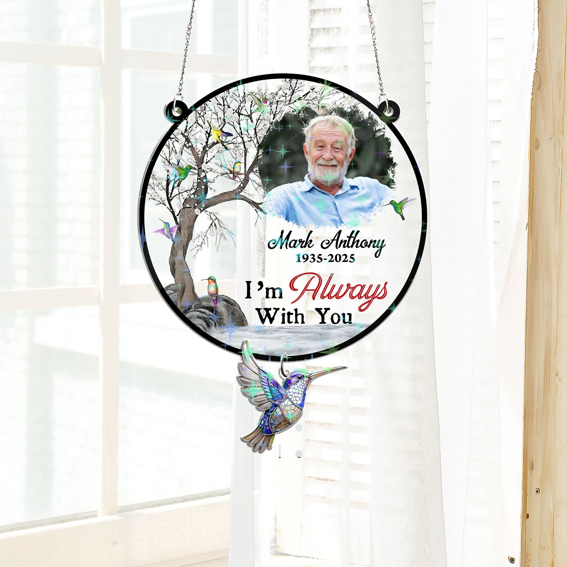 Personalized custom shape hologram window decor casting rainbow light.