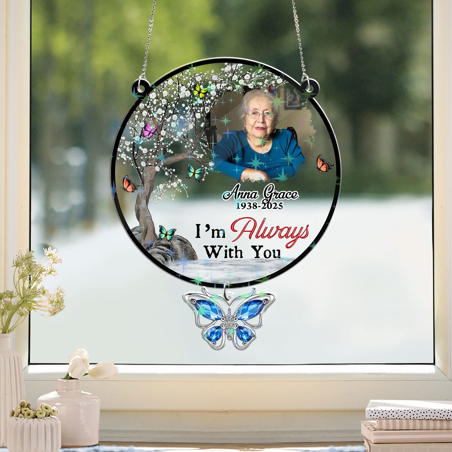 Personalized custom shape hologram window decor casting rainbow light.