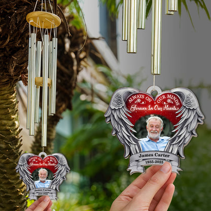 Personalized memorial wind chime with custom suncatcher, "Always on our Minds", softly glimmers in the sunlight.