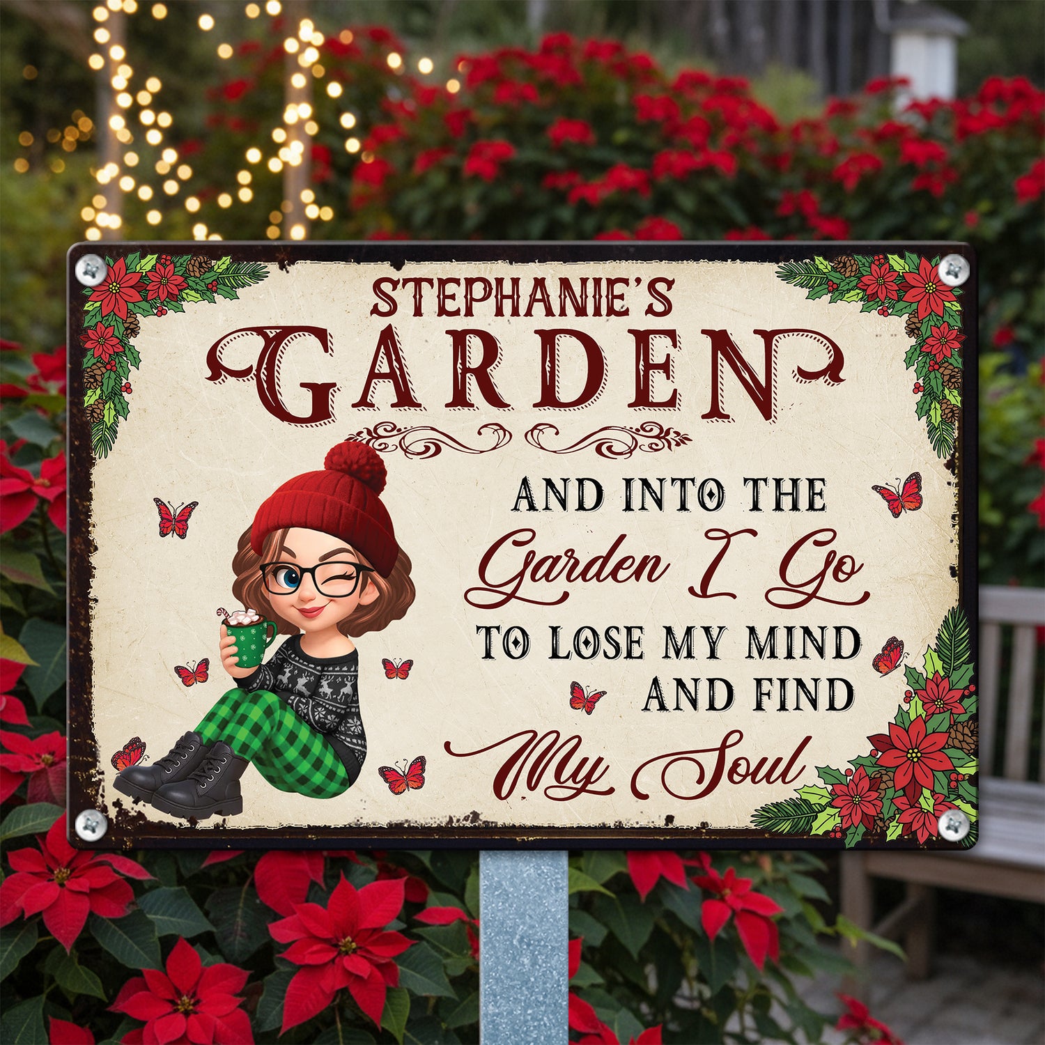 Personalized "And Into The Garden I Go" metal sign. A unique gardening gift for plant lovers.