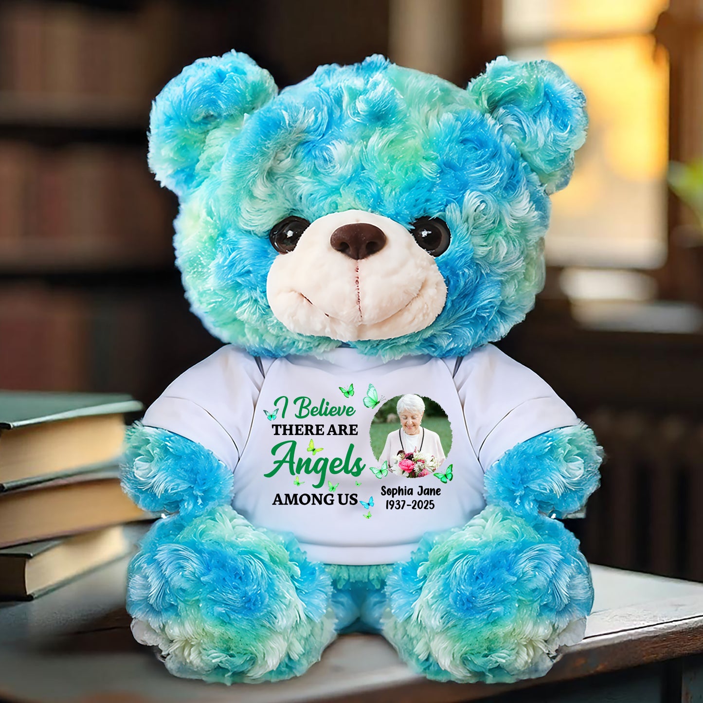 Personalized "Angels Among Us" memorial teddy bear plush, a comforting bereavement gift.