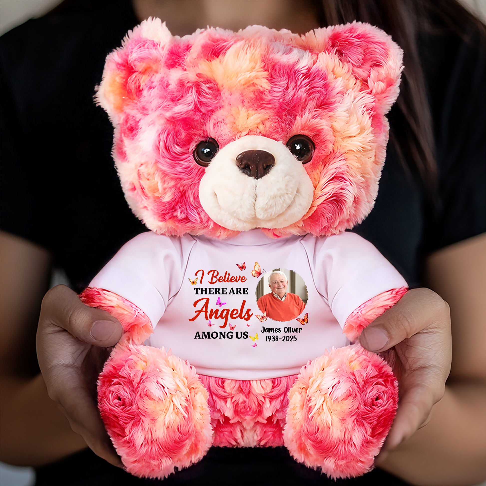 Personalized "Angels Among Us" memorial teddy bear plush, a comforting bereavement gift.