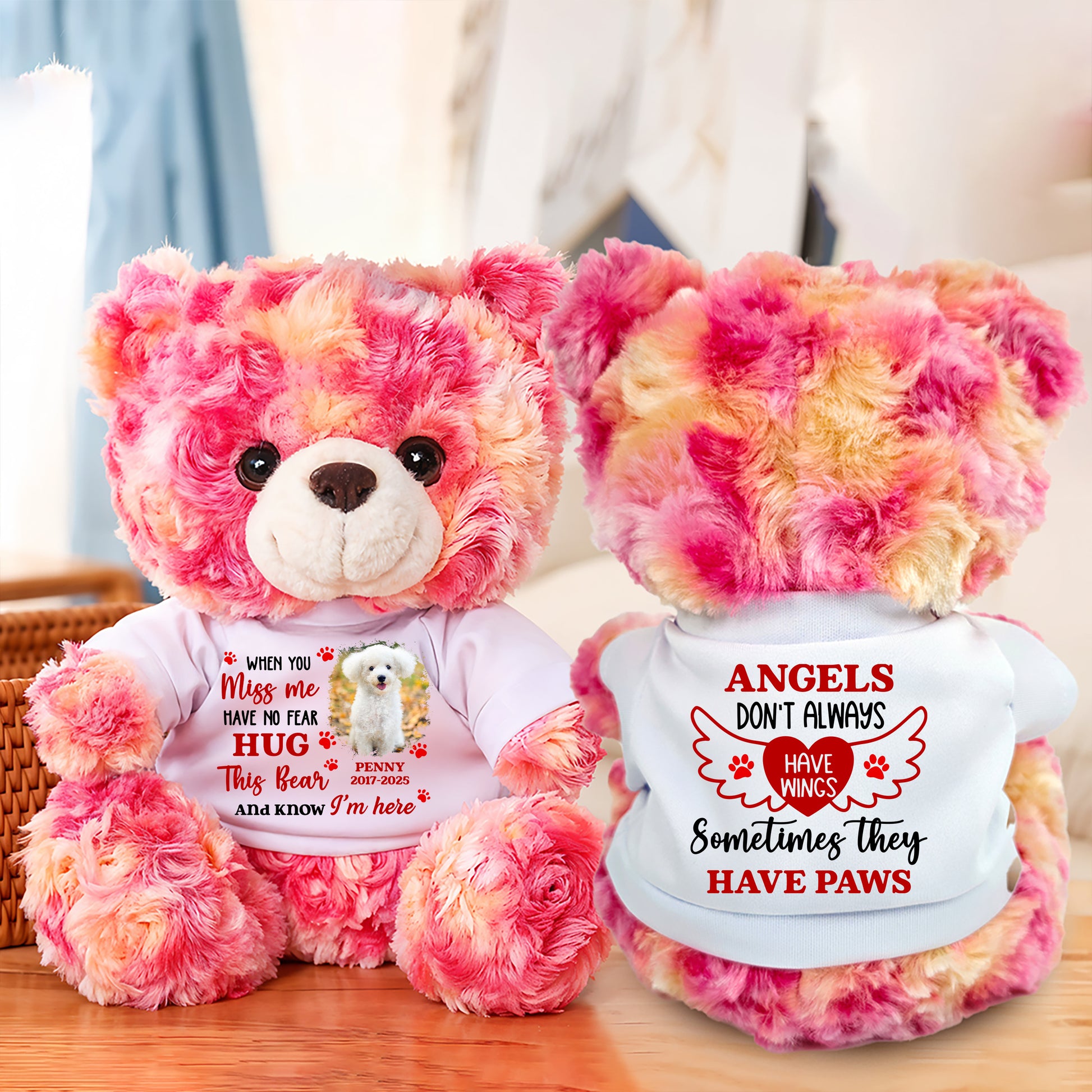 Personalized memorial teddy bear with "Angels Don't Always Have Wings" message. A comforting keepsake.