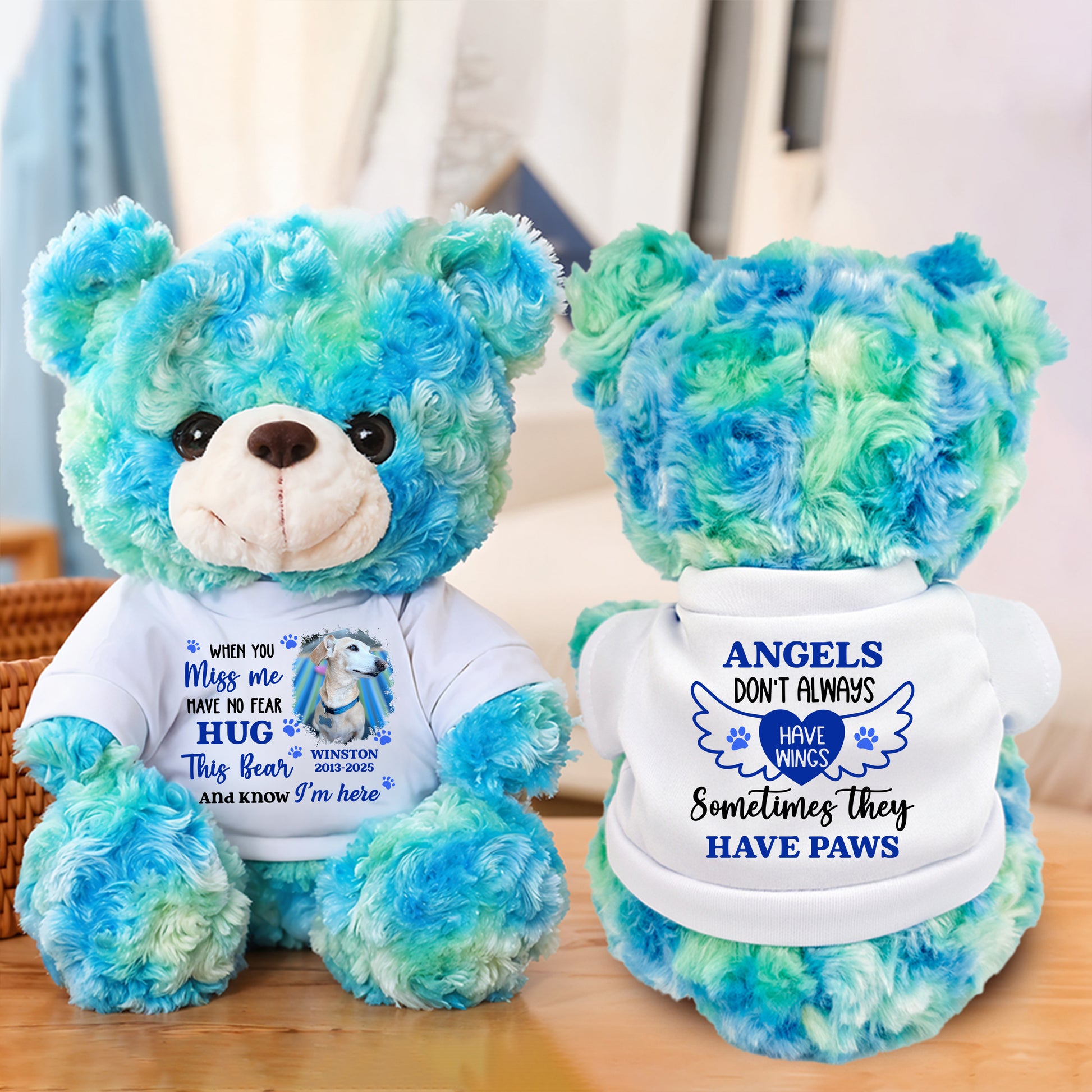 Personalized memorial teddy bear with "Angels Don't Always Have Wings" message. A comforting keepsake.