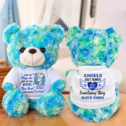 Personalized memorial teddy bear with "Angels Don't Always Have Wings" message. A comforting keepsake.