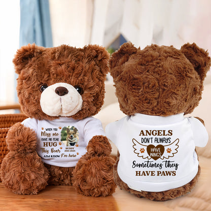 Personalized memorial teddy bear with "Angels Don't Always Have Wings" message. A comforting keepsake.