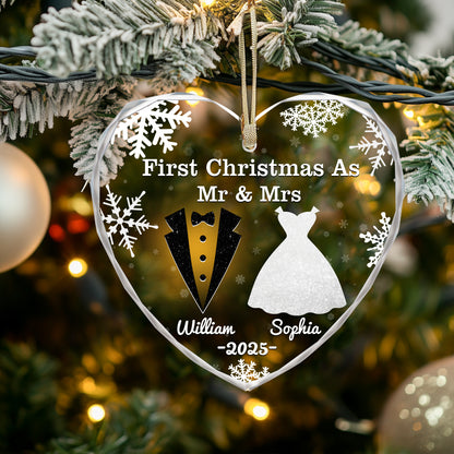 Personalized glass ornament for anniversary, Christmas, or wedding gifts.