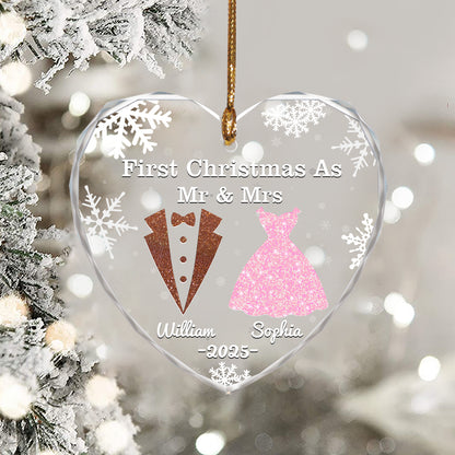 Personalized glass ornament for anniversary, Christmas, or wedding gifts.