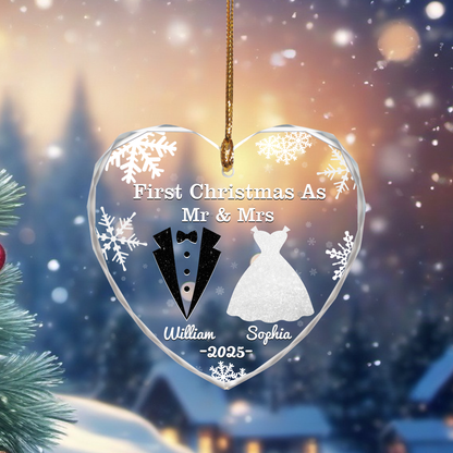 Personalized glass ornament for anniversary, Christmas, or wedding gifts.