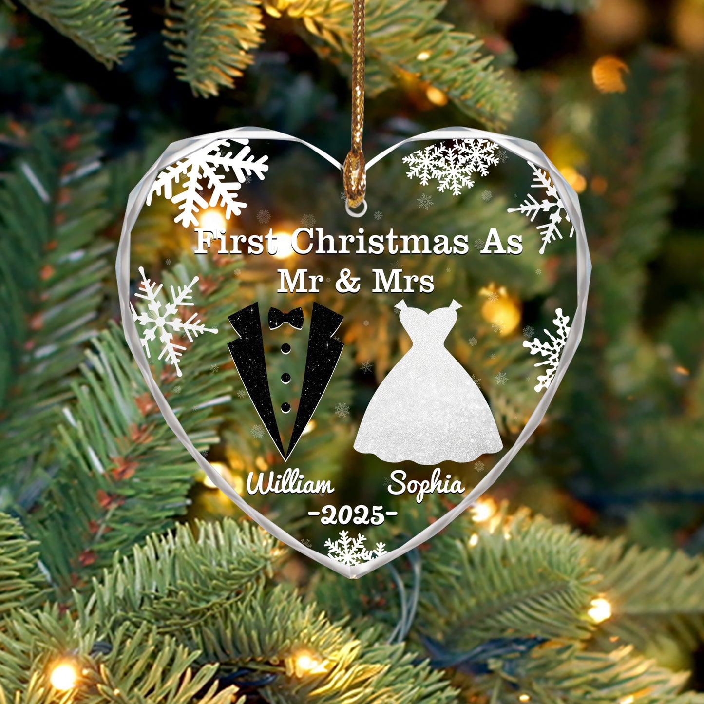 Personalized glass ornament for anniversary, Christmas, or wedding gifts.