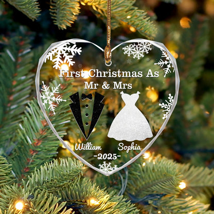 Personalized glass ornament for anniversary, Christmas, or wedding gifts.