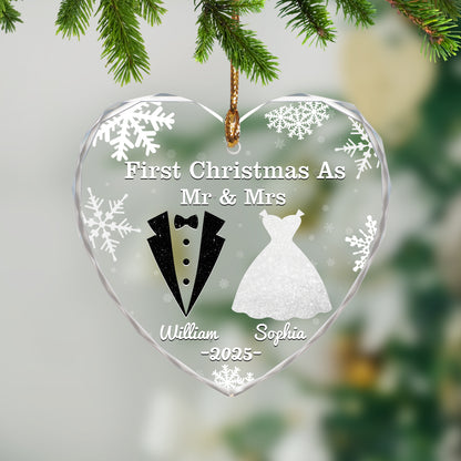 Personalized glass ornament for anniversary, Christmas, or wedding gifts.