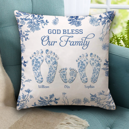 Personalized family of four footprints pillow, custom toile design.