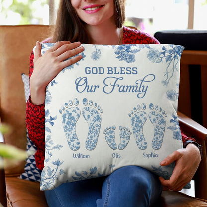 Personalized family of four footprints pillow, custom toile design.