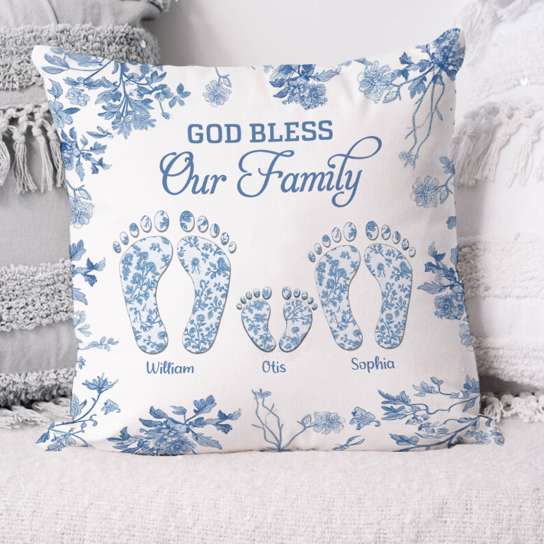 Personalized family of four footprints pillow, custom toile design.