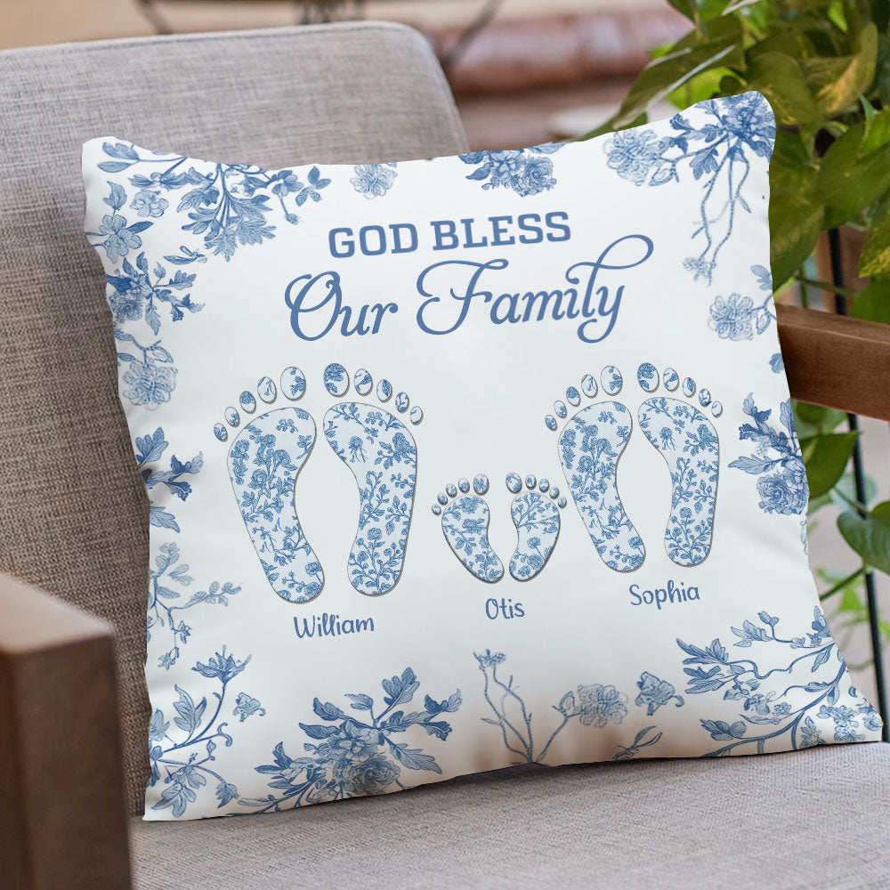 Personalized family of four footprints pillow, custom toile design.