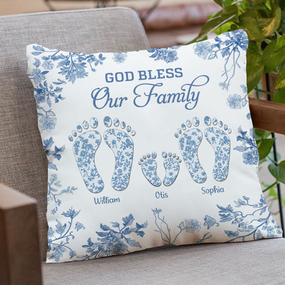 Personalized family of four footprints pillow, custom toile design.