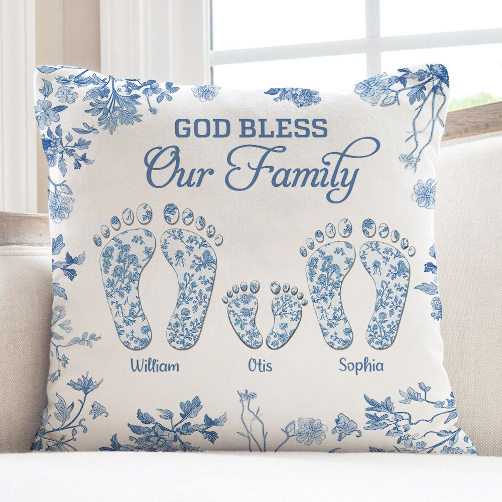 Personalized family of four footprints pillow, custom toile design.