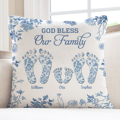 Personalized family of four footprints pillow, custom toile design.