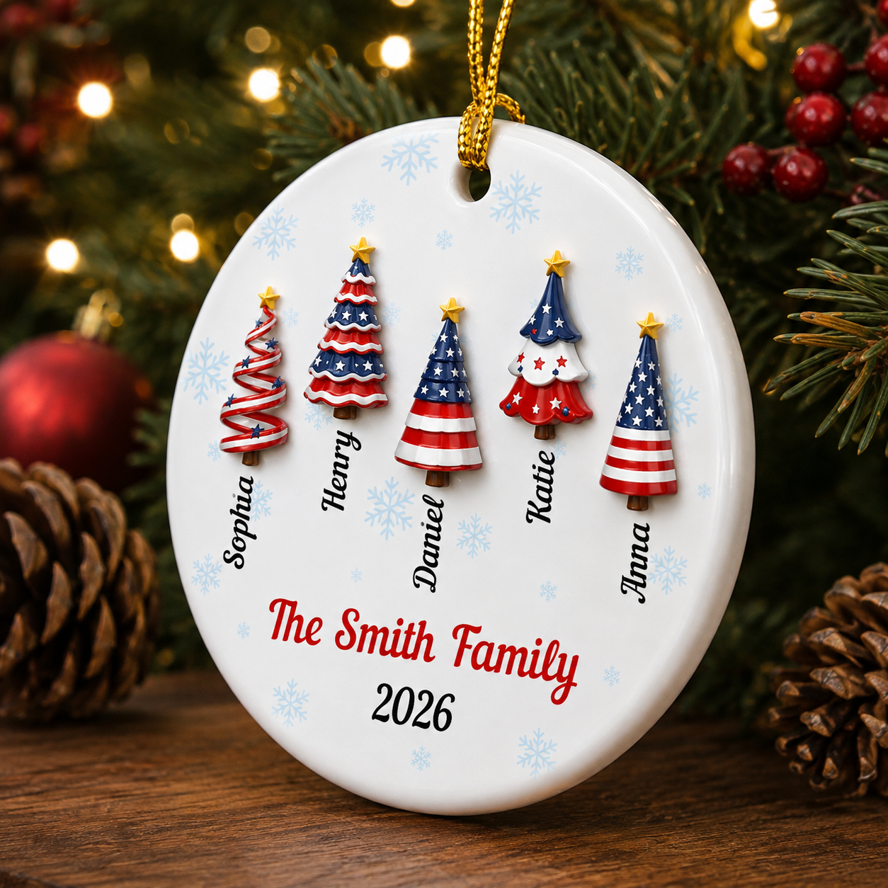 America 250 Christmas Ornament with Family Names - Real 3D Ceramic Ornament